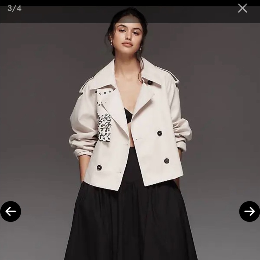 Embroidered Beige short Trench Coat - Women's Plus - Picture 4 of 6